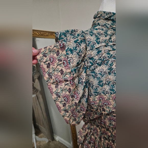 ANTHROPOLOGIE Let Me Be High-Neck Printed Peasant Blouse. Teal/mauve. XXS NWT - Picture 14 of 16